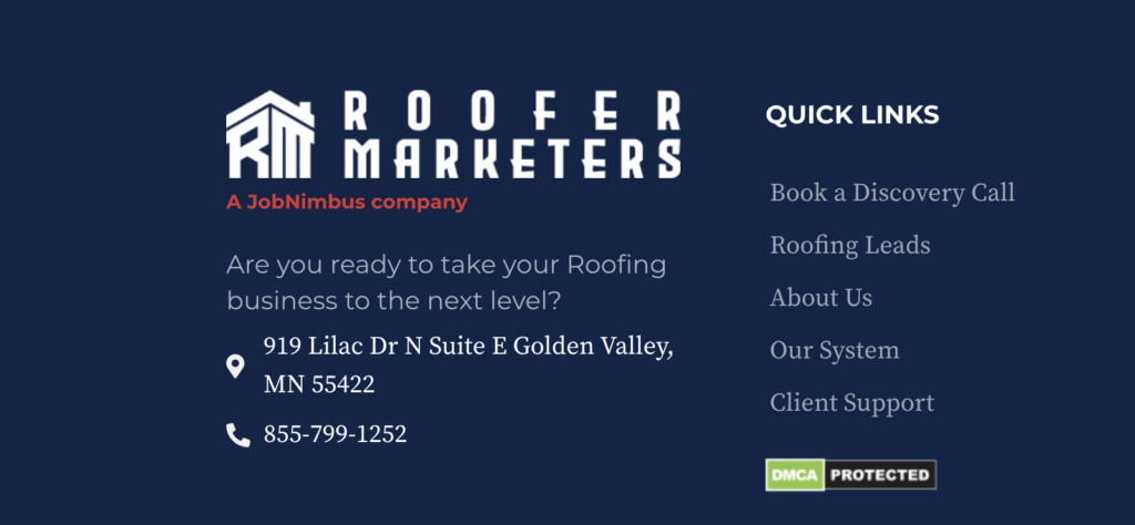 The footer of the Roofer Marketers website homepage